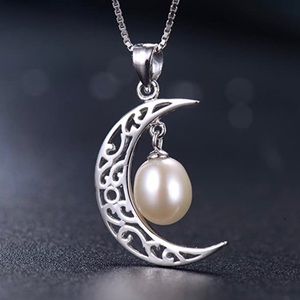 Crescent Moon w/ Pearl sterling silver necklace